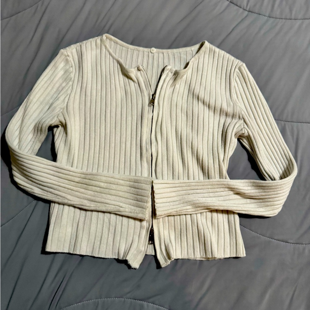 Women's Cream Ribbed Zip-Up Cardigan